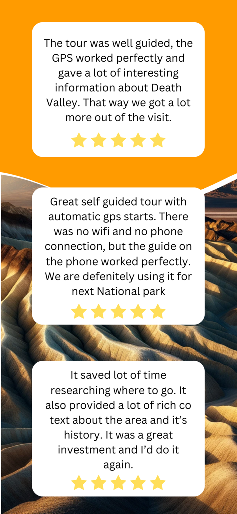 Three 5 star user reviews for the Death Valley National Park audio guide app highlighting its GPS and offline capabilities