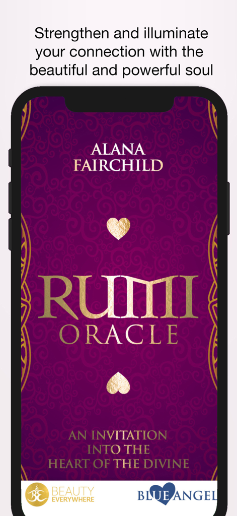 The splash screen of the Rumi Oracle app by Alana Fairchild with a purple and gold mystical design.