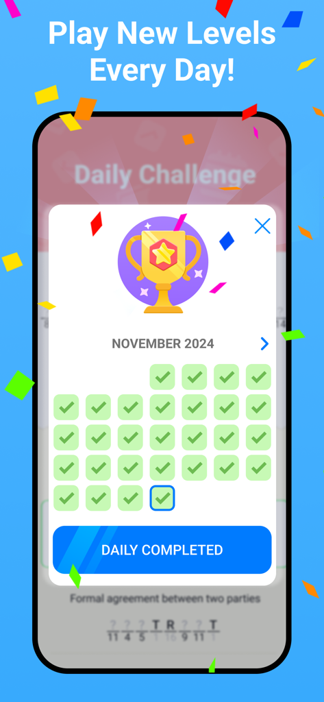Figgerits - Word Puzzle Games - Uma captura de tela do aplicativo Figgerits mostrando um calendário de desafio diário para novembro de 2024 com um ícone de troféu dourado e níveis concluídos.
