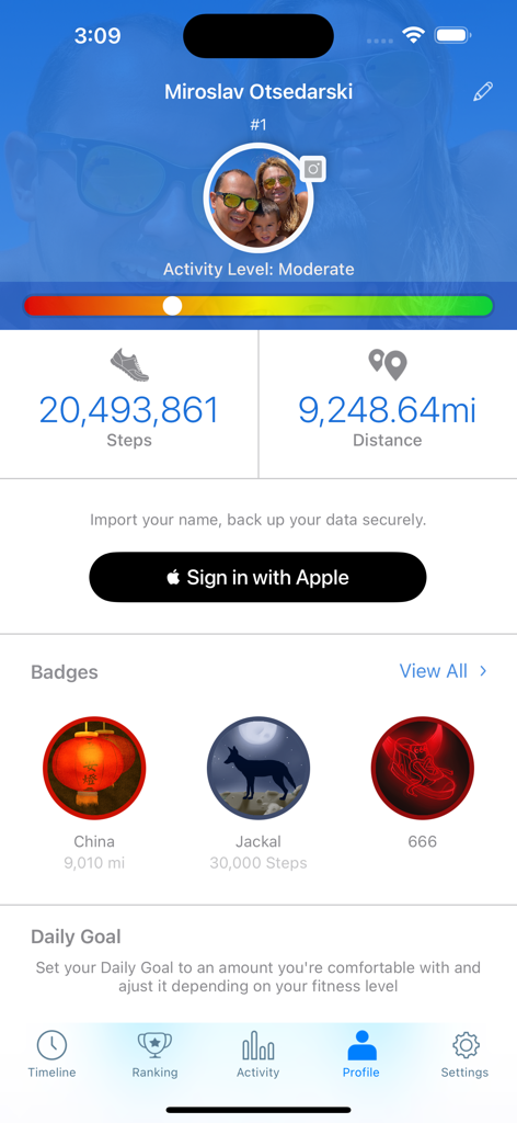 Outwalk - Outwalk profile screen showing total steps, walking distance, and unlocked achievement badges.