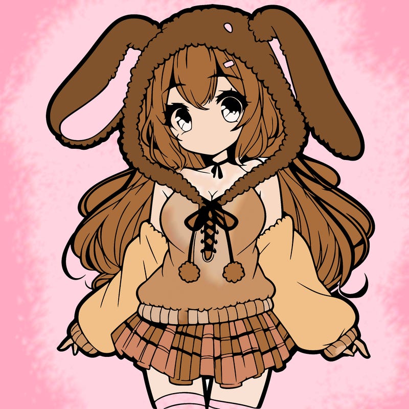 pretty anime girl wearing a fluffy hoodie with bunny ears on the hood and a skirt
