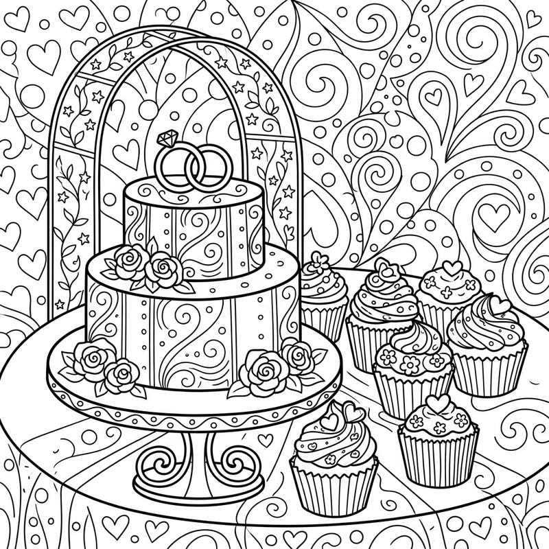 Get ready to color a beautiful wedding scene featuring a decadent chocolate cake and an assortment of delightful cupcakes. This elegant design is perfect for celebrating love and adding your personal touch.