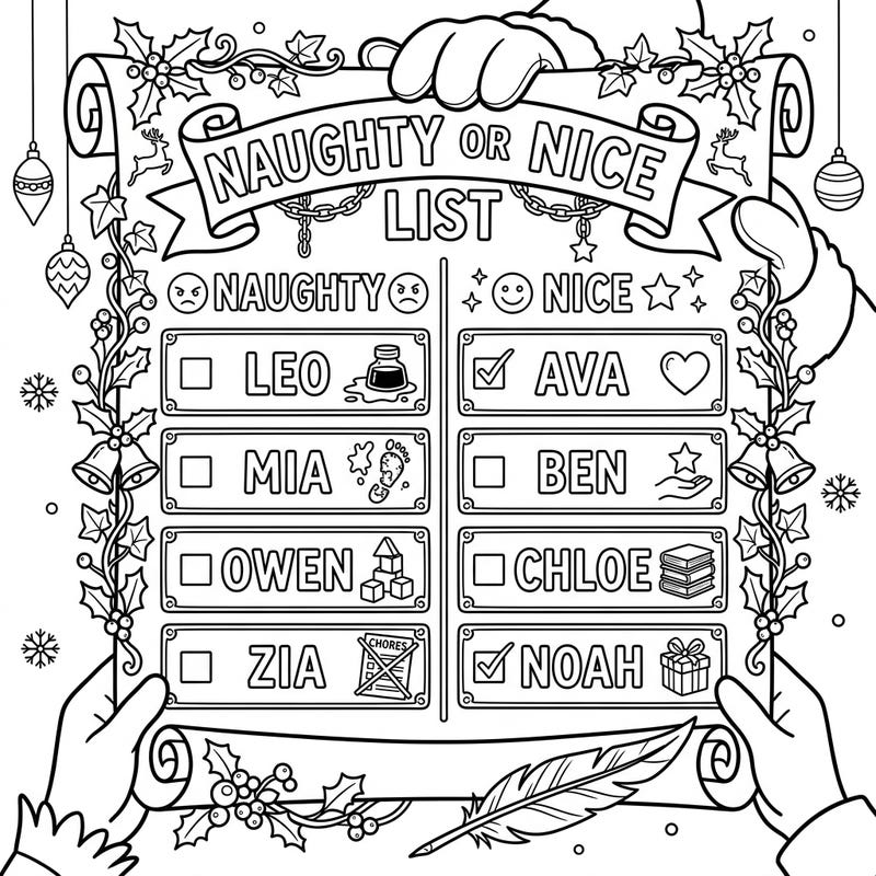 Get ready to discover Santa's most important document: the Naughty or Nice List! This delightful coloring page is perfect for kids to enjoy the magic of Christmas.