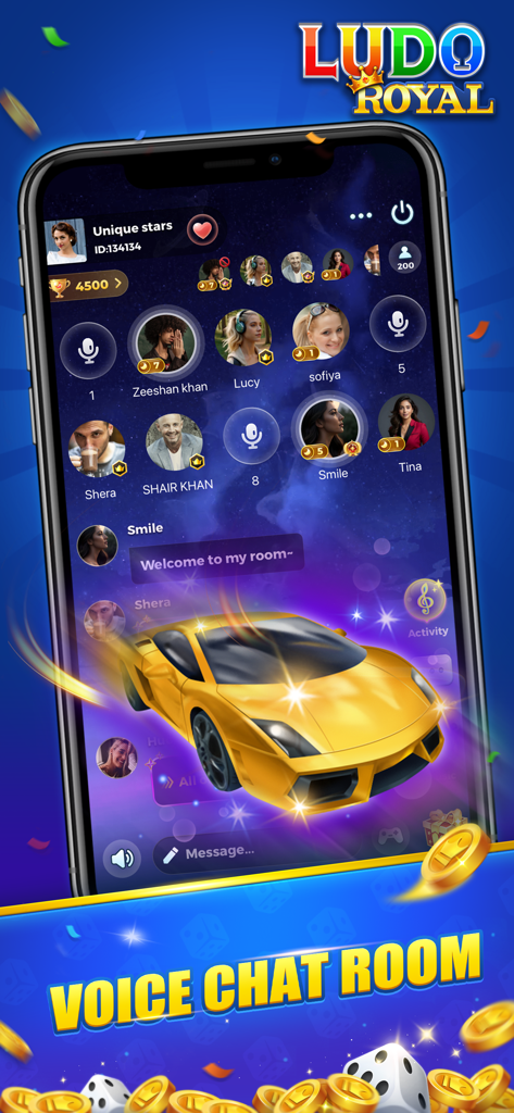 Ludo Royal app screen showing the voice chat room feature with user profiles and a yellow sports car virtual gift