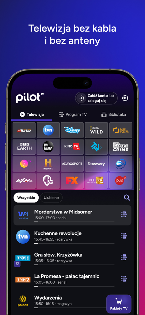 Interfaz de la aplicación Pilot WP con íconos de canales de TV polacos y lista de programas en vivo