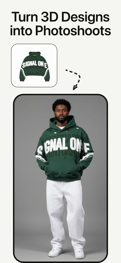 3D Clothing Mockup: MockLab 3D - A 3D hoodie design transformed into a professional AI photoshoot with a model