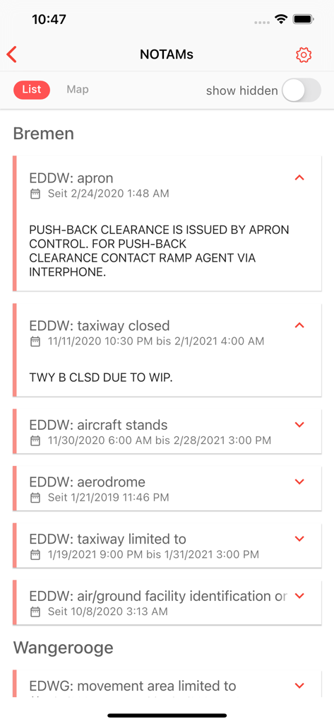 NOTAM Briefing (VFR/IFR) - Mobile app interface of NOTAM Briefing showing a list of aviation notices and airport restrictions for pilots