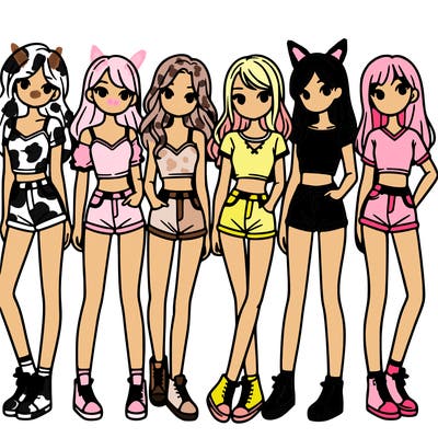 a group of girls wearing crop tops and shorts