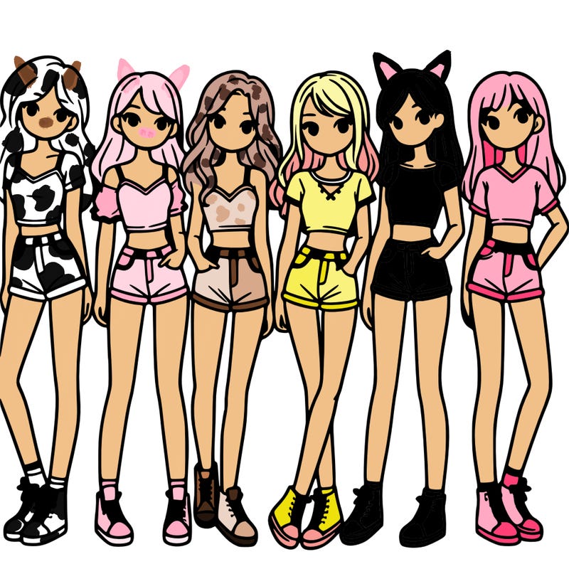 a group of girls wearing crop tops and shorts