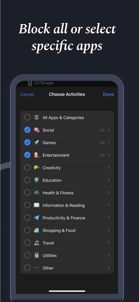 Interfaz de la aplicación Focus Lock que muestra una lista de categorías de aplicaciones como Redes Sociales y Juegos para bloquear y así concentrarse