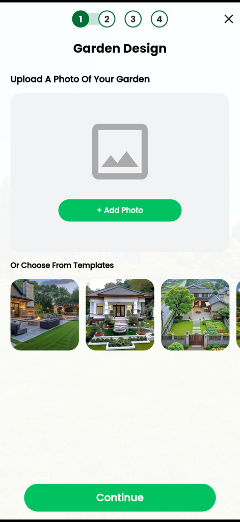 Landscape Design: My AI Garden - Interface for uploading a garden photo or choosing landscape design templates in the AI Garden app