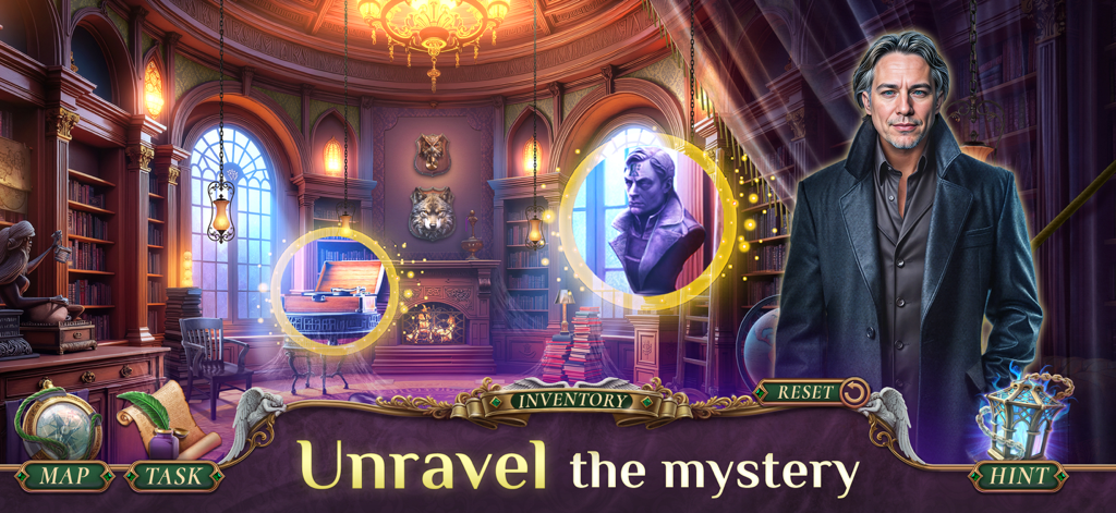 Gameplay screenshot of Grim Tales 26 featuring a mysterious library scene and character with hidden object interaction highlights