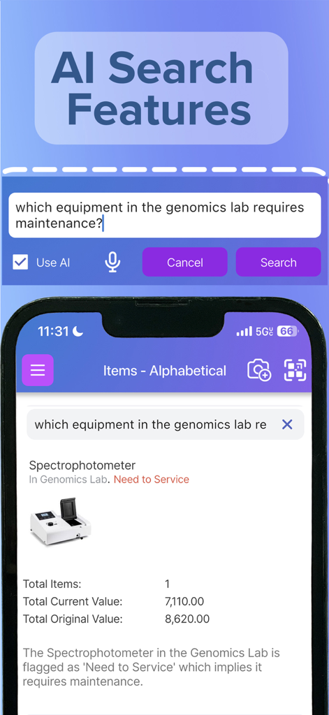 Scanlily: Organize with AI - Scanlily app interface showing an AI-powered natural language search for lab equipment maintenance.