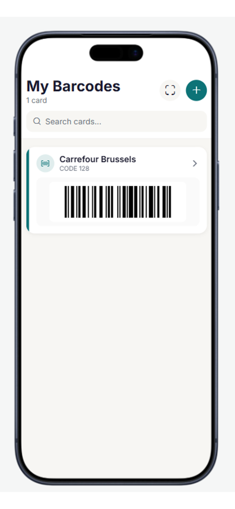 My Barcode Cards - Smartphone screen displaying the My Barcode Cards app with a scannable retail loyalty card