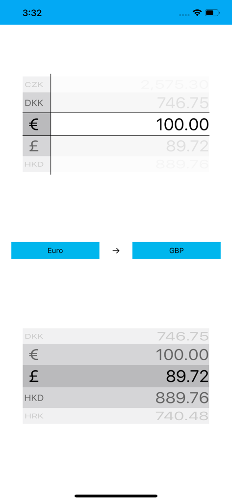 Eine einfache mobile Benutzeroberfläche, die die Währungsumrechnung von Euro in britische Pfund mit einer Liste anderer Wechselkurse zeigt.