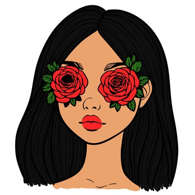 a realistic girl with roses for eyes