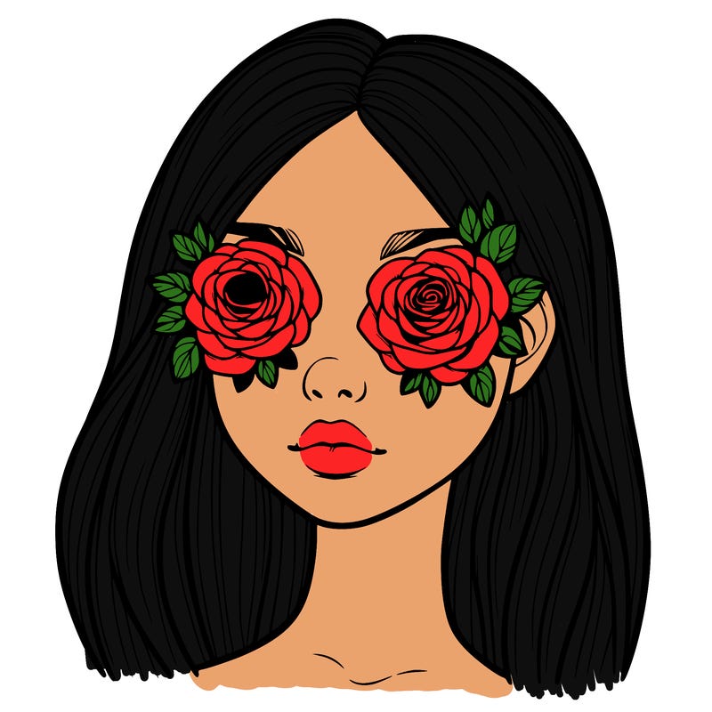 a realistic girl with roses for eyes