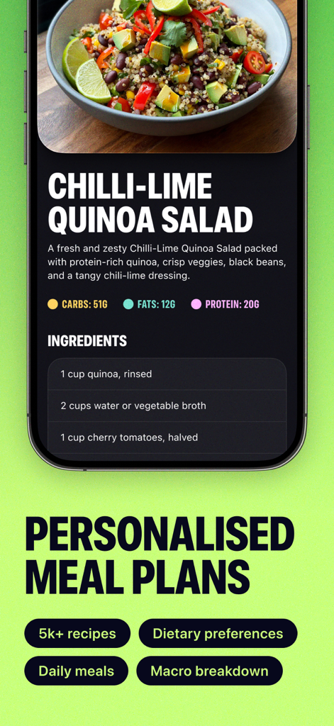 Dream Body: Start Today - Una pantalla de la app móvil mostrando una receta de ensalada de quinua saludable con información detallada de macros y funciones de planes de comidas personalizados.
