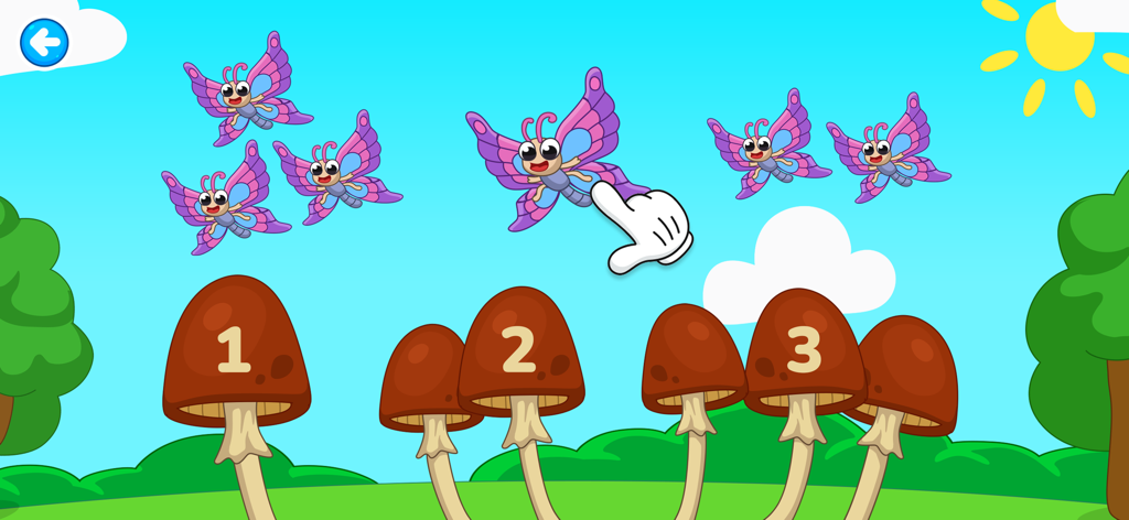 Kids Logic Quest - A preschool learning game scene showing colorful butterflies being matched to numbered mushrooms.