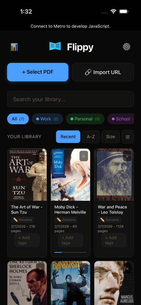 Flippyアプリのライブラリインターフェース。PDFブックのコレクションとインポートオプションが表示されています。