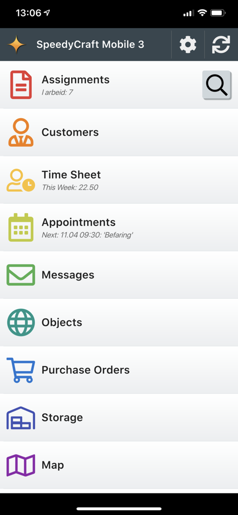 SpeedyCraft Mobile - Startbildschirm der SpeedyCraft Mobile App mit Service-Management-Funktionen