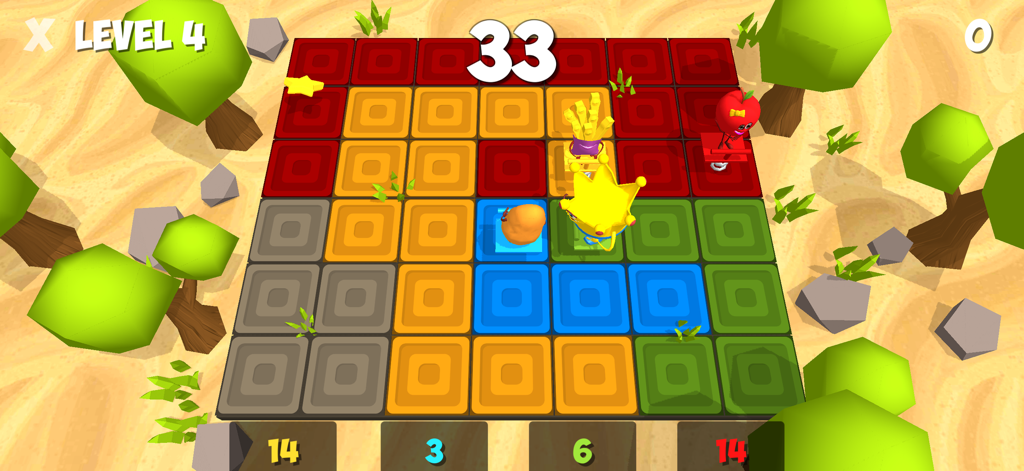 Una colorida pantalla de minijuego basada en cuadrícula de la aplicación Burger King Jr Club con personajes de comida de dibujos animados y un contador de niveles.