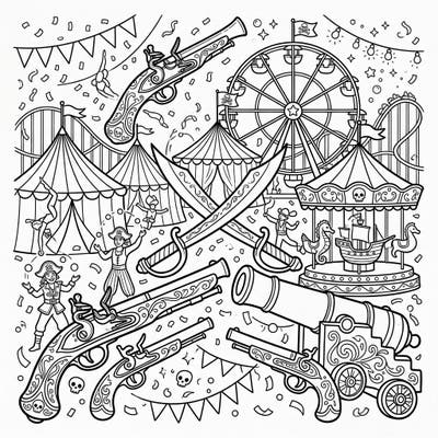 Dive into a thrilling blend of high-seas adventure and fairground excitement with this unique coloring page. Featuring intricate pirate weaponry amidst a bustling carnival scene, it promises hours of creative fun.