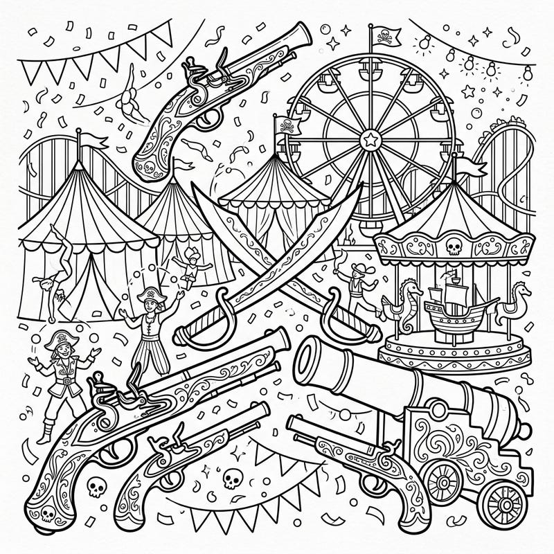 Dive into a thrilling blend of high-seas adventure and fairground excitement with this unique coloring page. Featuring intricate pirate weaponry amidst a bustling carnival scene, it promises hours of creative fun.