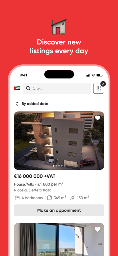 DOM Real Estate app interface showing a luxury property listing in Nicosia Cyprus