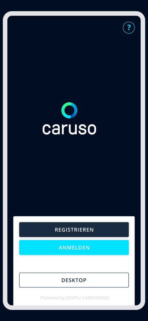 caruso carsharing - Login and registration screen for the caruso carsharing app.