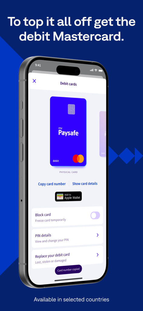 PaysafeCard - prepaid payments - PaysafeCardデビットマスターカードと、カードのブロックやPIN詳細などのカード管理設定を表示するスマートフォンの画面