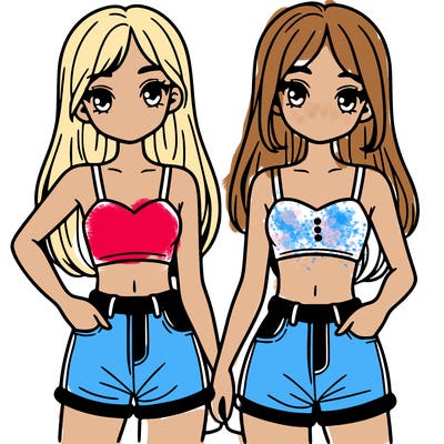 two sisters with crop tops and jean shorts and straight hair