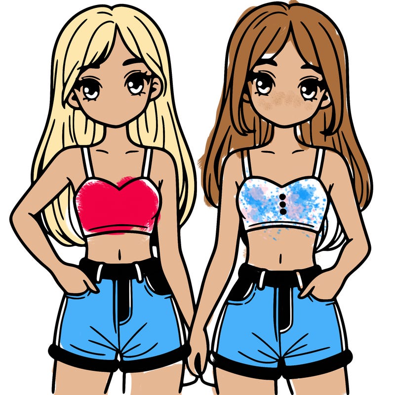 two sisters with crop tops and jean shorts and straight hair