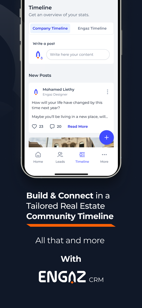Interface de l'application mobile Engaz CRM présentant une chronologie communautaire immobilière personnalisée pour la collaboration d'équipe et le réseautage professionnel.