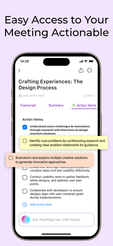 Flow AI: Voice Note Taker App - Smartphone screen showing AI-generated meeting action items and checklists within the Flow AI app.