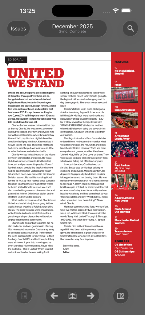 Eine digitale Seite aus der United We Stand Fanzine App, die einen redaktionellen Artikel und eine Seitenleiste mit Features zeigt