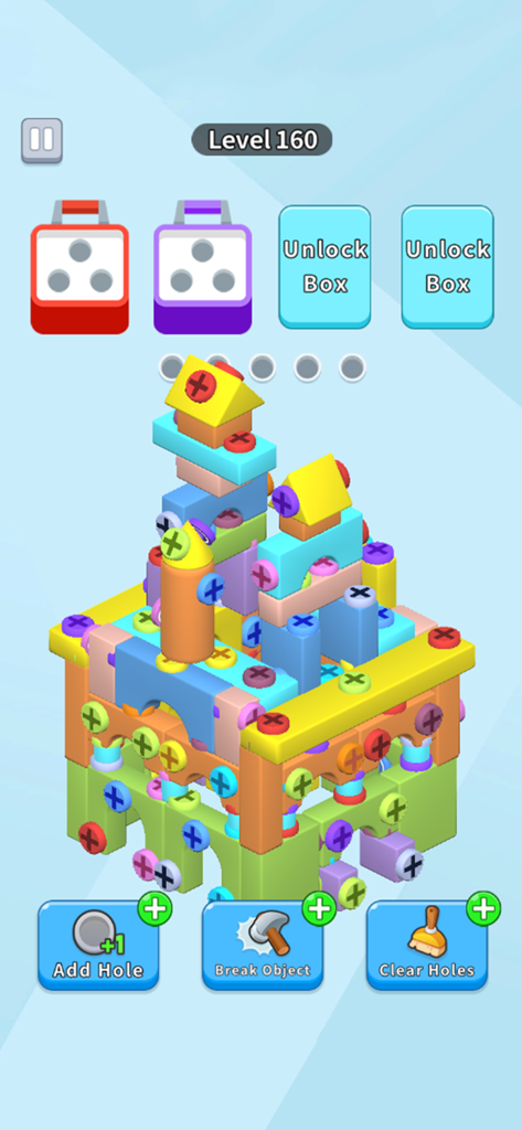 Level 160 gameplay of Screw Away 3D Pin Puzzle showing colorful blocks and screws