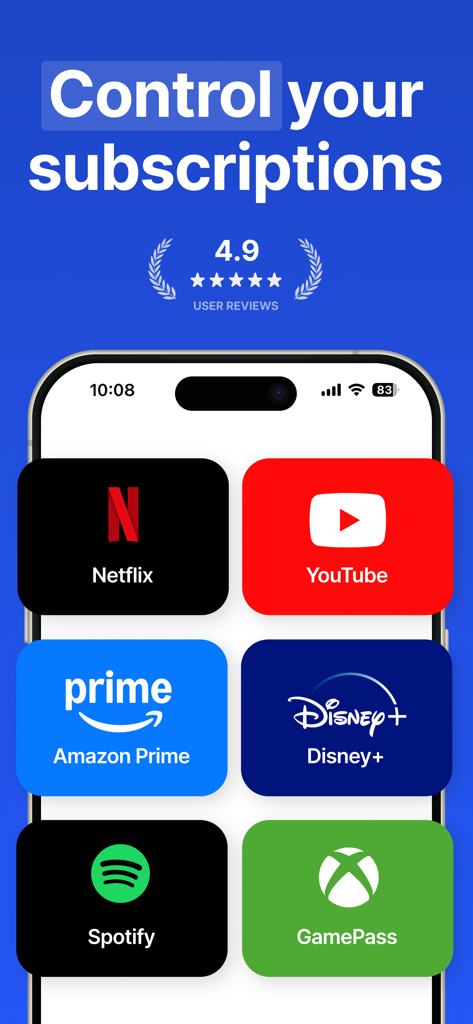 Subscription Manager: ReSubs - iPhone screen showing the ReSubs app dashboard with icons for Netflix, YouTube, Amazon Prime, Disney Plus, Spotify, and GamePass under the title Control your subscriptions.