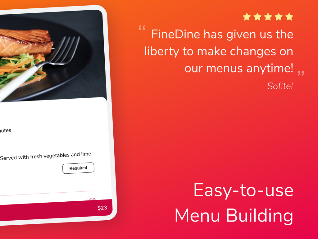 FineDine Tablet Menu App - FineDine digital menu app featuring easy menu building and a testimonial from Sofitel