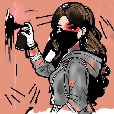 realistic girl with mask spray painting a wall