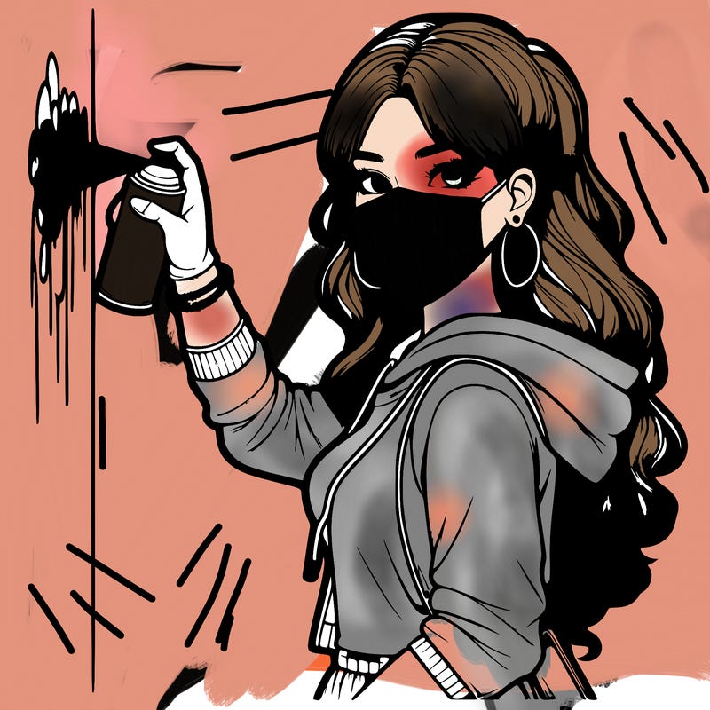 realistic girl with mask spray painting a wall