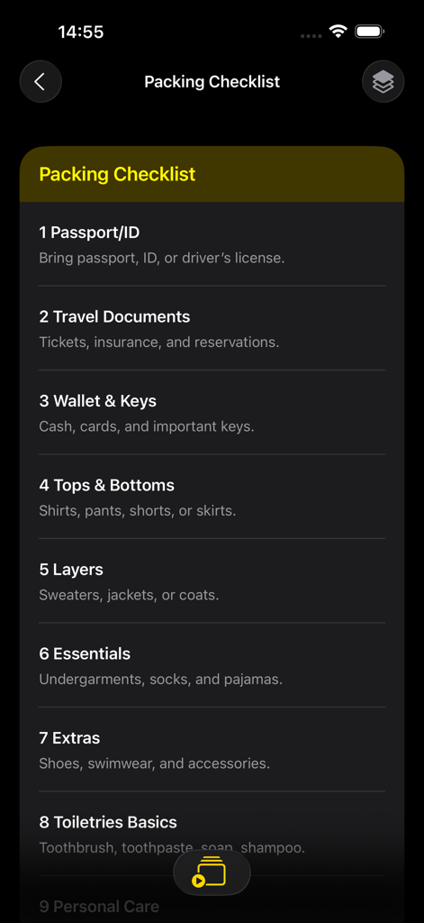 Procedural: System & Routines - Uma tela detalhada de checklist de embalagem no aplicativo Procedural com itens como passaporte, documentos de viagem e carteira.
