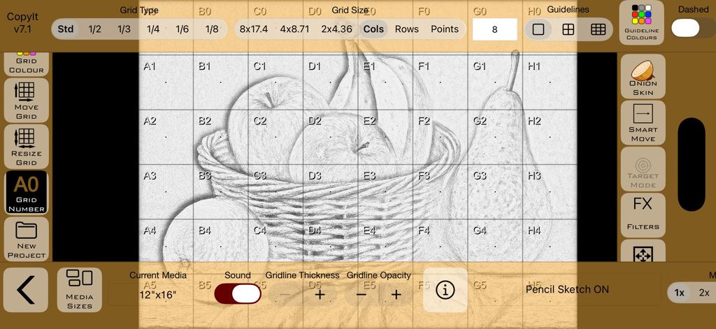 CopyIt The Grid Drawing Method - Interfaz de la aplicación CopyIt que muestra una superposición de cuadrícula en un dibujo a lápiz de frutas