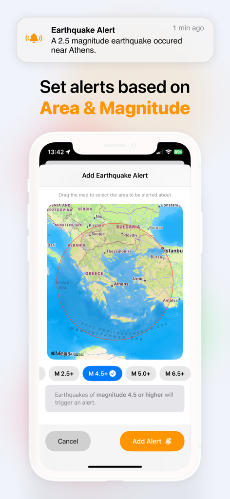 Schermata mobile che mostra come impostare allarmi terremoto per area geografica e magnitudo in QuakeMate