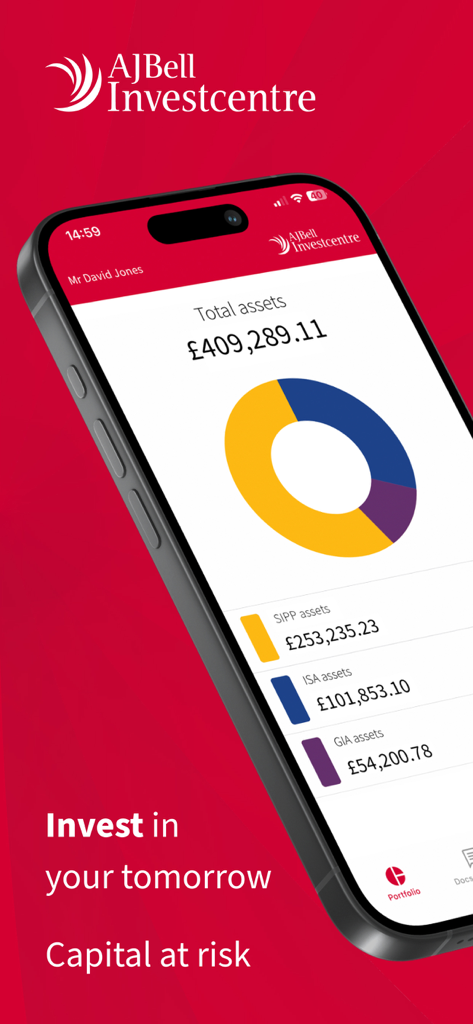 AJ Bell Investcentre mobile app showing total assets breakdown with a donut chart and SIPP ISA GIA balances
