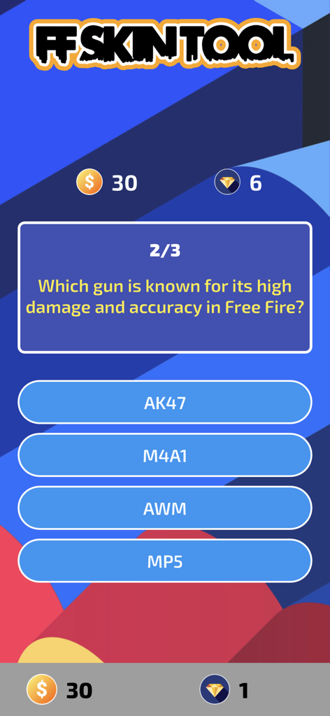 Pantalla de quiz de FFF FF Skin Tool con una pregunta de trivia sobre armas de Free Fire.