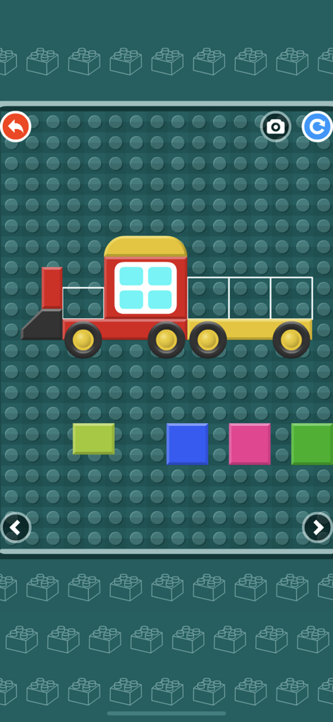 Building Blocks Puzzle Game - Toddler educational game interface showing a colorful train puzzle made of building blocks