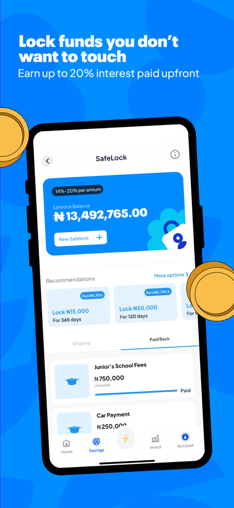 PiggyVest app SafeLock interface displaying high-yield locked savings and financial goals