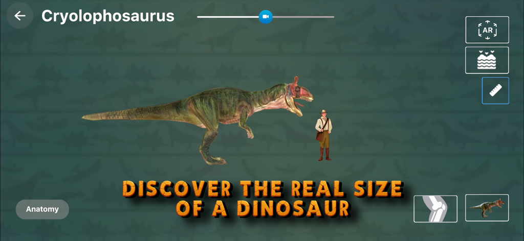 3D Dinopedia: Paleontology - 3D Dinopedia app showing a size comparison between a Cryolophosaurus dinosaur and a human figure
