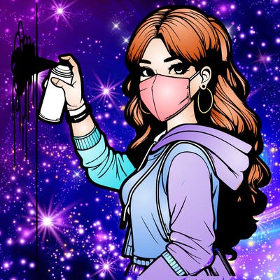 realistic girl with mask spray painting a wall